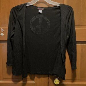 imaginary voyage shrug black w/sleeves rhinestone PEACE symbol on back  L(12-14)